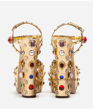 Load image into Gallery viewer, Gold Hollow Buckle Rhinestone Thick Heel Sandals
