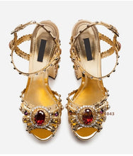 Load image into Gallery viewer, Gold Hollow Buckle Rhinestone Thick Heel Sandals
