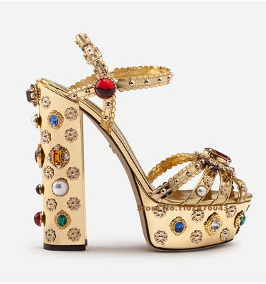 Gold Hollow Buckle Rhinestone Thick Heel Sandals