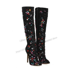 Load image into Gallery viewer, Sexy Knee High Black Flock Crystal Stiletto Boots
