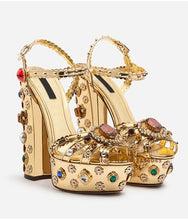 Load image into Gallery viewer, Gold Hollow Buckle Rhinestone Thick Heel Sandals
