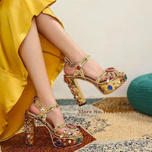 Load image into Gallery viewer, Gold Hollow Buckle Rhinestone Thick Heel Sandals
